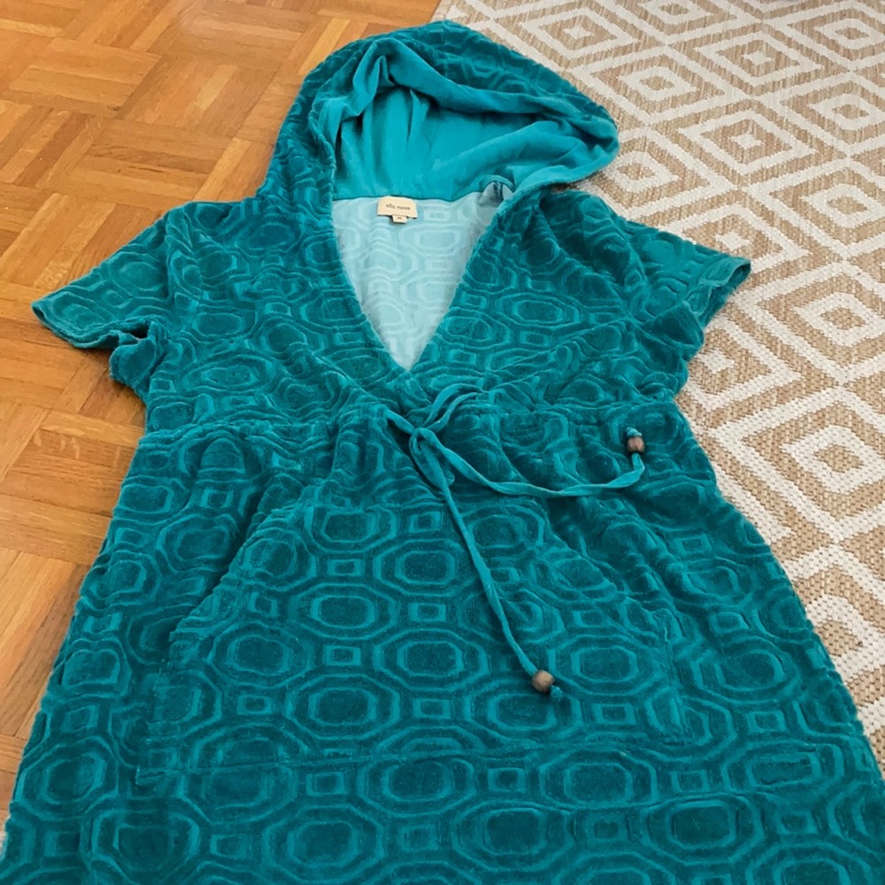ELLA MOSS Terry Cloth Short Sleeve Hooded Pocket Beach Coverup Dress USA Teal